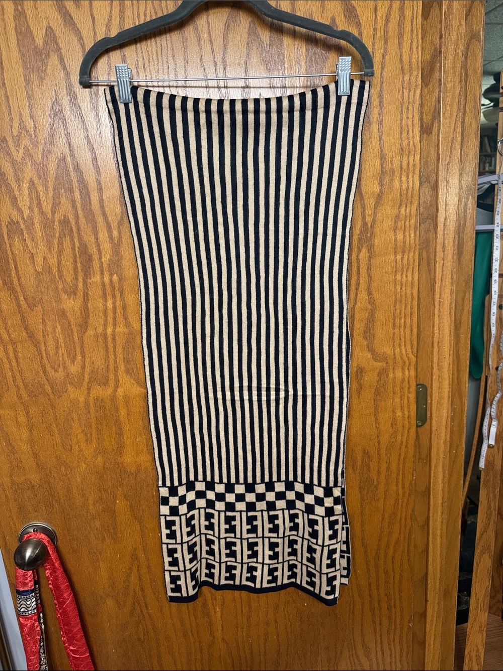 Fendi Black and Cream Striped Knit Scarf with FF Border